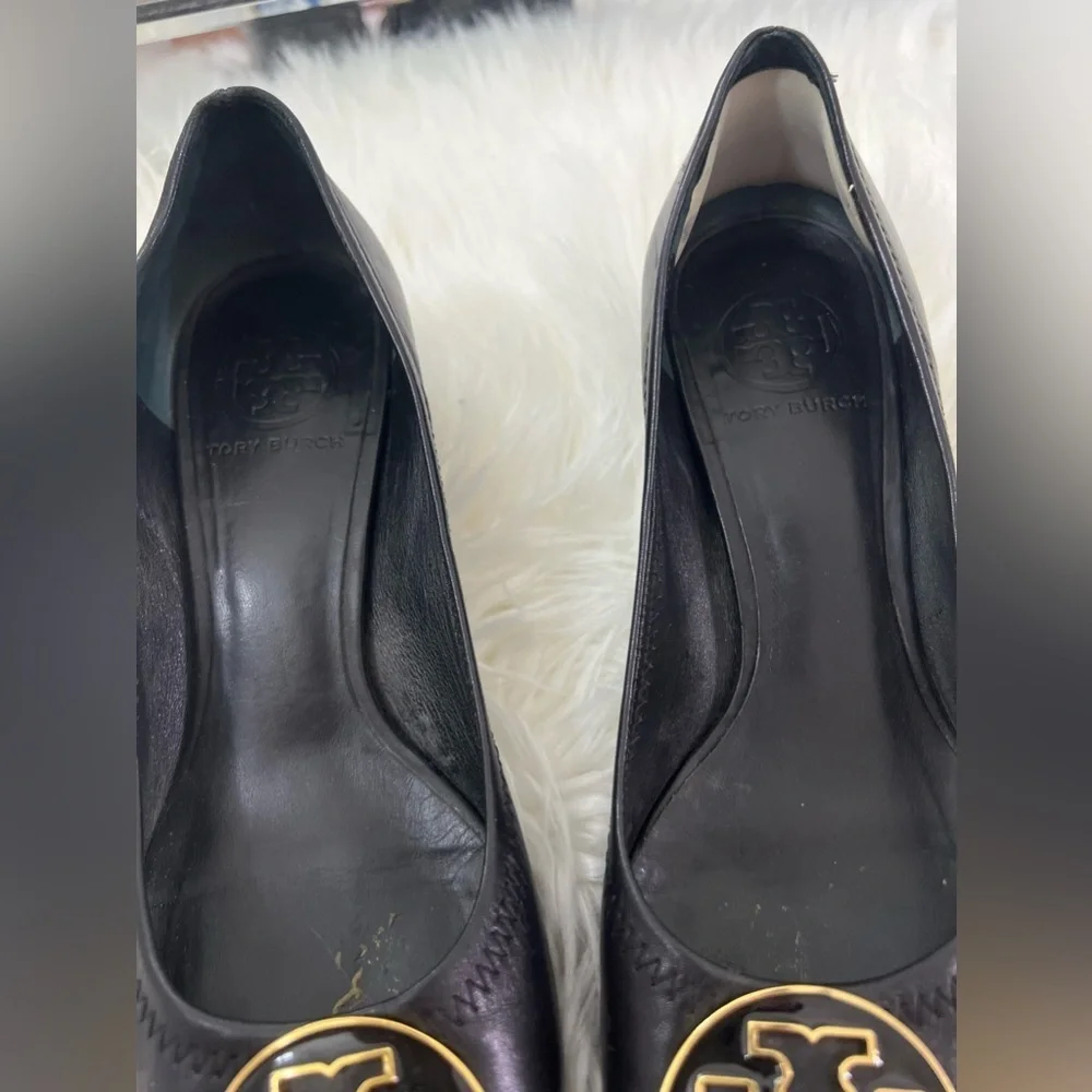 Tory Burch Black Leather Logo Ballet Flats with Gold Emblem